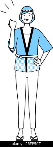 Seniorin trägt Happi-Mantel bei Sommerfestivals und posiert mutig, Vector-Illustration Stock Vektor