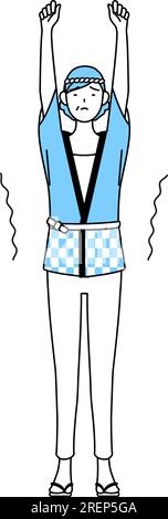 Seniorin trägt Happi Coat für Sommerfestivals, die sich streckt und aufrecht steht, Vector Illustration Stock Vektor