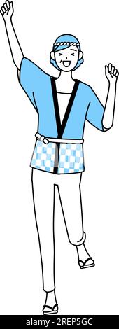 Seniorin trägt Happi-Mantel für Sommerfestivals, lächelnd und hüpfend, Vector Illustration Stock Vektor