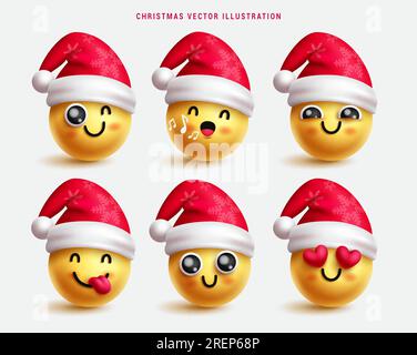 Weihnachtsmojis mit Vektordesign. Weihnachtsemoji-Emoticons tragen weihnachtsmannmützen in fröhlichen, lächelnden, inlove, singenden und zwinkernden Elementen Stock Vektor