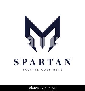 Logo mit Buchstabe M und Spartan Helmsymbol als Monogramm kreativ linear minimalistisch monochrom. Universelles, elegantes Vektordesign. Premium Typ o Stock Vektor