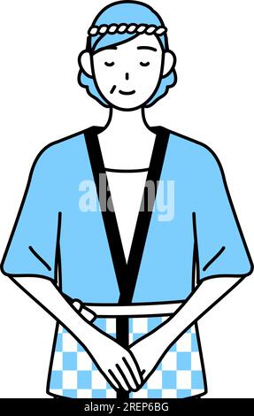 Seniorin trägt Happi-Mantel bei den Sommerfestivals und verbeugt sich mit gefalteten Händen, Vector-Illustration Stock Vektor