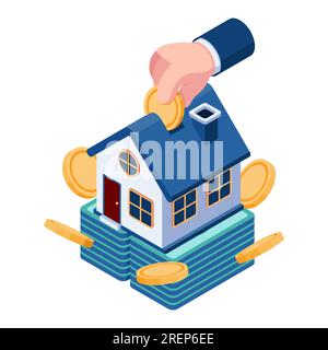 Flach 3D Isometrische Geschäftsmann Hand Münze in Haus stecken. Kauf eines Haus- und Immobilieninvestitionskonzepts. Stock Vektor