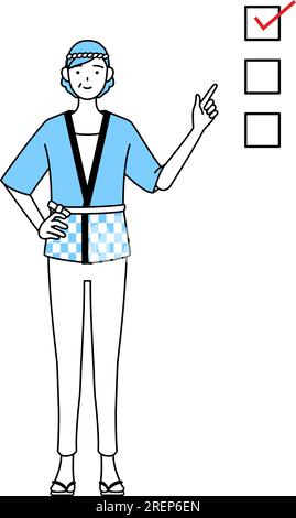 Seniorin trägt Happi-Mantel bei Sommerfestivals und zeigt auf eine Checkliste, Vector-Illustration Stock Vektor