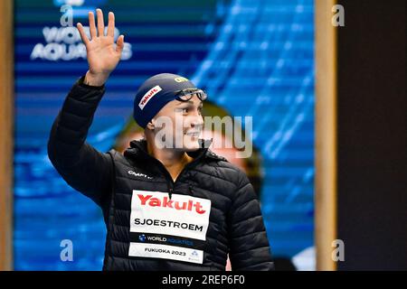 Fukuoka, Japan. 29. Juli 2023. Sarah Sjostrom aus Schweden bereitet sich auf das Finale der Schmetterlingsfrauen 50m während der Wasserweltmeisterschaft 20. in der Marine Messe Hall A in Fukuoka (Japan) am 29. Juli 2023 vor. Kredit: Insidefoto di andrea staccioli/Alamy Live News Stockfoto