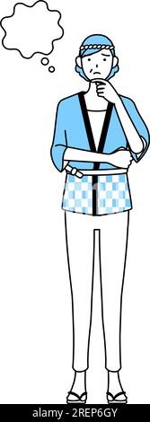 Seniorin trägt Happi-Mantel für Sommerfestivals und denkt dabei, während sie sich kratzt, Vector Illustration Stock Vektor