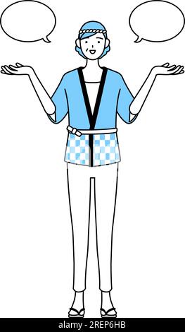 Seniorin trägt Happi-Mantel für Sommerfestivals mit Abwischen und Vergleich, Vector-Illustration Stock Vektor