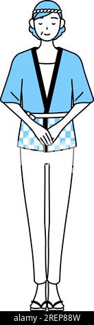 Seniorin trägt Happi-Mantel bei den Sommerfestivals und verbeugt sich mit gefalteten Händen, Vector-Illustration Stock Vektor