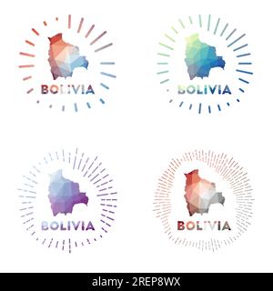 Bolivien Low Poly Sunburst Set. Logo des Landes im geometrischen Polygonstil. Vektordarstellung. Stock Vektor