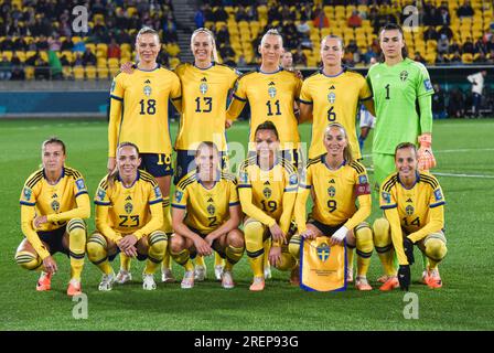 Wellington, Neuseeland. 29. Juli 2023. Die schwedischen Startspieler stellen sich vor dem Spiel der Gruppe G zwischen Schweden und Italien bei der FIFA Women's World Cup 2023 in Wellington, Neuseeland, am 29. Juli 2023 auf. Kredit: Guo Lei/Xinhua/Alamy Live News Stockfoto