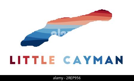 Eine kleine Cayman-Karte. Karte der Insel mit wunderschönen geometrischen Wellen in rot-blauen Farben. Lebendige kleine Cayman-Form. Vektordarstellung. Stock Vektor