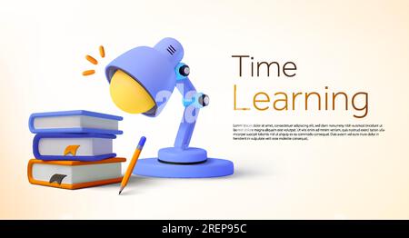 3D Stapel Bücher, Bleistift, Schreibtischlampe, gelbe Lampe, isoliert auf Hintergrund. Bannervorlage für Zeit zum Lernen Banner, zurück zur Schule, Lernzeit, Schulzeit, zum Unterricht gehen, Natürlich. Vektordarstellung. Vektordarstellung Stock Vektor