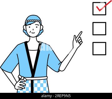 Seniorin trägt Happi-Mantel bei Sommerfestivals und zeigt auf eine Checkliste, Vector-Illustration Stock Vektor