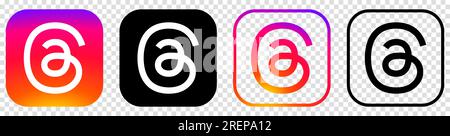 Threads Logos wurden festgelegt. Schwarze und Instagram-Farbsymbole. Editorial Illustration isoliert auf transparentem Hintergrund Stock Vektor