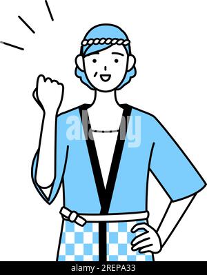 Seniorin trägt Happi-Mantel bei Sommerfestivals und posiert mutig, Vector-Illustration Stock Vektor