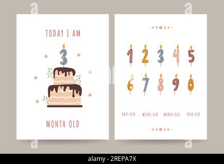 Geburtstagszahlen Kerzen mit brennenden Flammen. Süße Bo-Elemente zum Feiern. Vorlage für Einladungskarte mit Schokoladenkuchen zur Party. Vektor Stock Vektor