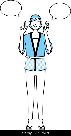 Seniorin trägt Happi-Mantel bei Sommerfestivals und zeigt am Telefon auf Vector Illustration Stock Vektor