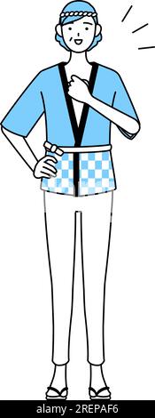 Seniorin trägt Happi-Mantel für Sommerfestivals und klopft sich die Brust, Vector Illustration Stock Vektor