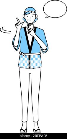 Seniorin trägt Happi Coat bei Sommerfestivals und bedient ein Smartphone, Vector Illustration Stock Vektor