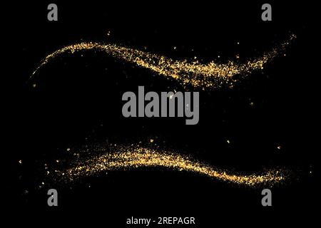 Goldener Glitzer abstrakte Wellen auf schwarzem Hintergrund, die goldenen Wellen glitzern. Stock Vektor