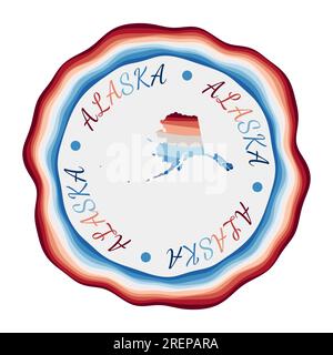 Alaska-Abzeichen. Karte des US-Bundesstaates mit wunderschönen geometrischen Wellen und leuchtendem rot-blauem Rahmen. Lebendiges, rundes Alaska-Logo. Vektorabbildung. Stock Vektor