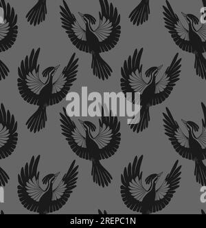Nahtlose Vektormuster fliegender Spechte. Dunkle Textur mit schwarzem, stilisiertem Vogel auf grauem Hintergrund. Oberflächenkonstruktion. Ornithologie-Backg Stock Vektor