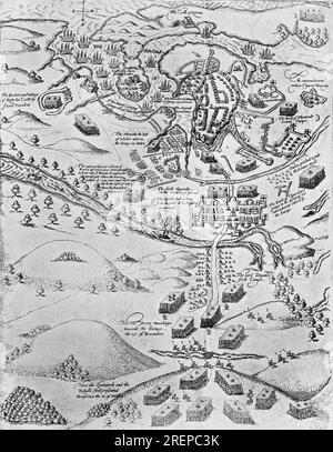 Eine Illustration der Belagerung von Kinsale aus dem 17. Jahrhundert in der Grafschaft Cork, Irland, auch bekannt als die Schlacht von Kinsale, war die ultimative Schlacht bei Englands Eroberung des gälischen Irlands, die im Oktober 1601 begann, kurz vor dem Ende der Herrschaft von Königin Elisabeth I., Und am Höhepunkt des 9-jährigen Krieges – eine Kampagne von Hugh O'Neill, Hugh Roe O'Donnell und anderen irischen Lords gegen die englische Herrschaft. Aufgrund des spanischen Engagements und der damit verbundenen strategischen Vorteile war der Kampf auch Teil des anglospanischen Krieges, des größeren Konflikts zwischen dem protestantischen England und dem katholischen Spanien. Stockfoto