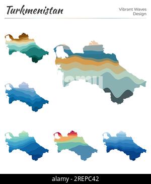 Set von Vektorkarten von Turkmenistan. Lebendiges Wellendesign. Helle Landkarte mit geometrischen, glatten Kurven. Stock Vektor