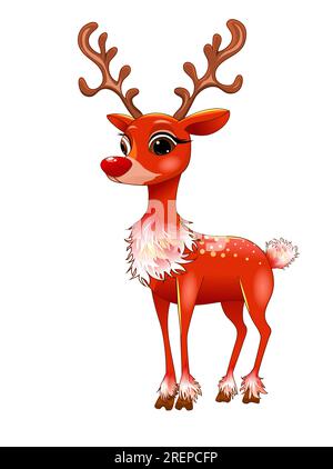 Cartoonhirsch, rote Farbe, niedliche Figur auf weißem Hintergrund. Stock Vektor
