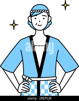 Seniorin trägt Happi Coat bei Sommerfestivals mit den Händen auf der Hüfte, Vector Illustration Stock Vektor