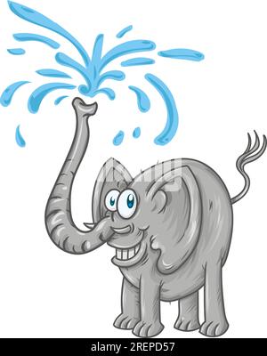 Cartoon-Elefant, der Wasser spritzt. Doodle-Illustration in Vektor. Süßer Vektorelefant Stock Vektor