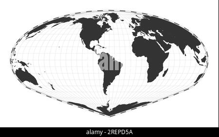 Vector-Weltkarte. Allen K. Philbricks Sinu-Mollweide-Projektion. Geografische Karte mit Breiten- und Längengraden. Zentriert auf 60deg E. Stock Vektor