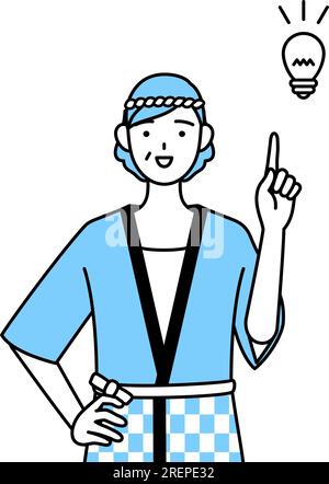 Seniorin trägt Happi-Mantel für Sommerfestivals und denkt an eine Idee, Vector Illustration Stock Vektor