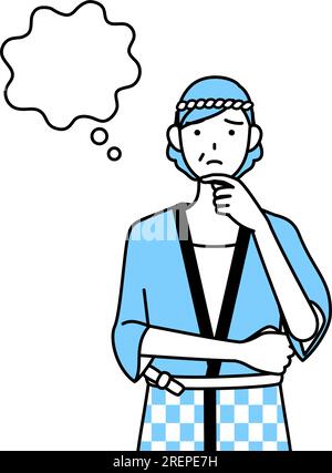 Seniorin trägt Happi-Mantel für Sommerfestivals und denkt dabei, während sie sich kratzt, Vector Illustration Stock Vektor