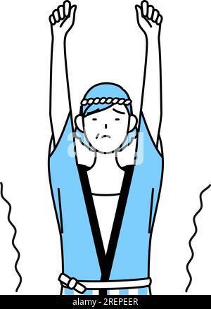 Seniorin trägt Happi Coat für Sommerfestivals, die sich streckt und aufrecht steht, Vector Illustration Stock Vektor