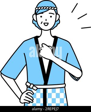 Seniorin trägt Happi-Mantel für Sommerfestivals und klopft sich die Brust, Vector Illustration Stock Vektor