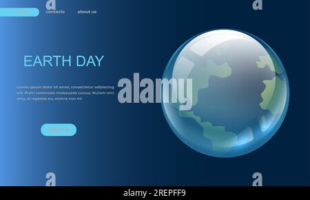 Landing-Page zum Earth Day. Rettet den Planeten. Design der Website-Vorlage. Glänzender Kugelball. Internationaler Feiertag. Ökologie der Welt oder Naturpflege. Meeresschutz. Umweltschutz. Vektor-Webbanner Stock Vektor
