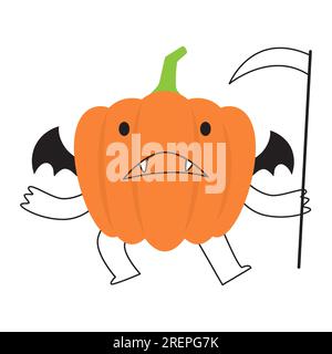 Kürbis mit Sensenkostüm. Halloween-Cartoon-Figur. Vector . Stock Vektor