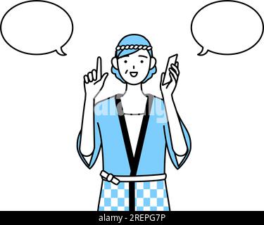 Seniorin trägt Happi-Mantel bei Sommerfestivals und zeigt am Telefon auf Vector Illustration Stock Vektor