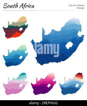 Satz von Vektorkarten Südafrikas. Leuchtendes Wellendesign. Helle Landkarte im geometrischen Stil mit glatten Kurven. Mehrfarbige Südafrikanische Karte für Yo Stock Vektor