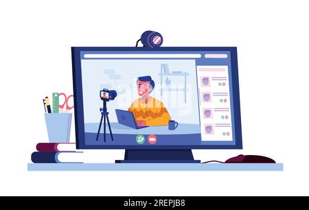 Blogger-Live-Streaming. Vlogger zeichnen Videos für Internetkanäle auf. Beeinflussung durch soziale Medien. Computerbildschirm. Online-Übertragung. Podcast mit Webbloginhalten. Mann mit Mikrofon und Kamera. Vektorkonzept Stock Vektor
