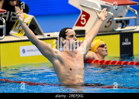 Fukuoka, Japan. 29. Juli 2023. Cameron McEvoy aus Australien feiert nach der Teilnahme am Finale der Freestyle-Männer 50m während der Wasserweltmeisterschaft 20. in der Marine Messe Hall A in Fukuoka (Japan) am 29. Juli 2023. Kredit: Insidefoto di andrea staccioli/Alamy Live News Stockfoto