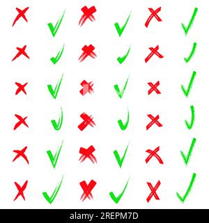 Ja und nein Rote und grüne Form. Von Hand gezogene Kritzelspuren und Kreuze Set-Kollektion. Kritzeleien, Zeichenstifte. Mit Bleistifthand gezeichnete Häkchen A Stock Vektor