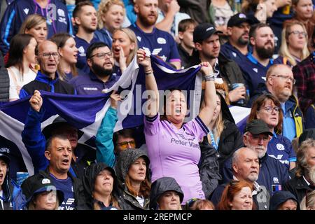 Schottische Fans im Stadion während des berühmten Spiels der Grouse Nations Series in Murrayfield, Edinburgh. Bilddatum: Samstag, 29. Juli 2023. Stockfoto