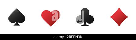 Herzen, Schläger, Diamanten und Pik auf einem isolierten weißen Hintergrund. Set Collection Spielzeichen Symbol für Spielkarten Anzüge und Chips für Poker und Stock Vektor