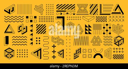 Banner Geometrieformen. Geometrische minimalistische Dekorationselemente isoliert auf gelbem Hintergrund. Abstrakte Designformen, memphis-Grafiken, moderne Pfeile. Zeitgenössische Vektor-Banner-Vorlage Stock Vektor