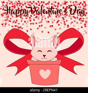 Tier mit Liebesherzen. Alles Gute Zum Valentinstag. Süßes Kätzchen-Haustier. Grußkarte. Kätzchen in der Schachtel. Schleife und romantische Festtagskonfetti. Karikaturenkatze mit festlichem Geschenk. Pinkfarbenes Vektorbanner-Design Stock Vektor