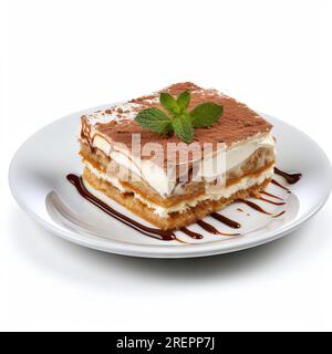 Klassisches Tiramisu-Dessert auf Keramikplatte isoliert auf weißem Hintergrund Stockfoto