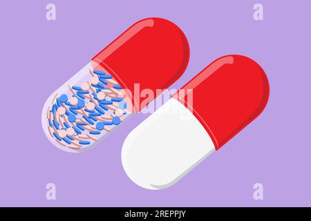Grafik flaches Design Zeichnen Tablet Pille Medizin Pharmazie Pflege Symbol. Erkältung, Grippe, Husten Präparate: Medizinischer Sirup, Nasenspray, Rachenspray, p Stockfoto