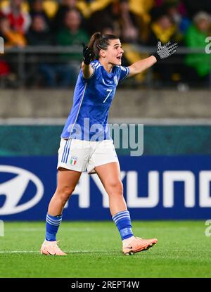 Wellington, Neuseeland. 29. Juli 2023. Die Fußballmannschaft Sofia Cantore of Italy reagiert während des FIFA Women's World Cup 2023 zwischen Schweden und Italien im Wellington Regional Stadium. Endergebnis: Schweden 5:0 Italien. (Foto: Luis Veniegra/SOPA Images/Sipa USA) Guthaben: SIPA USA/Alamy Live News Stockfoto